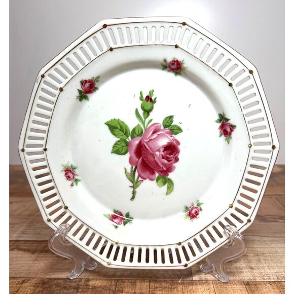 Vintage Schumann Arzberg Bavaria Reticulated Porcelain Plate With Pink Rose - Picture 1 of 3